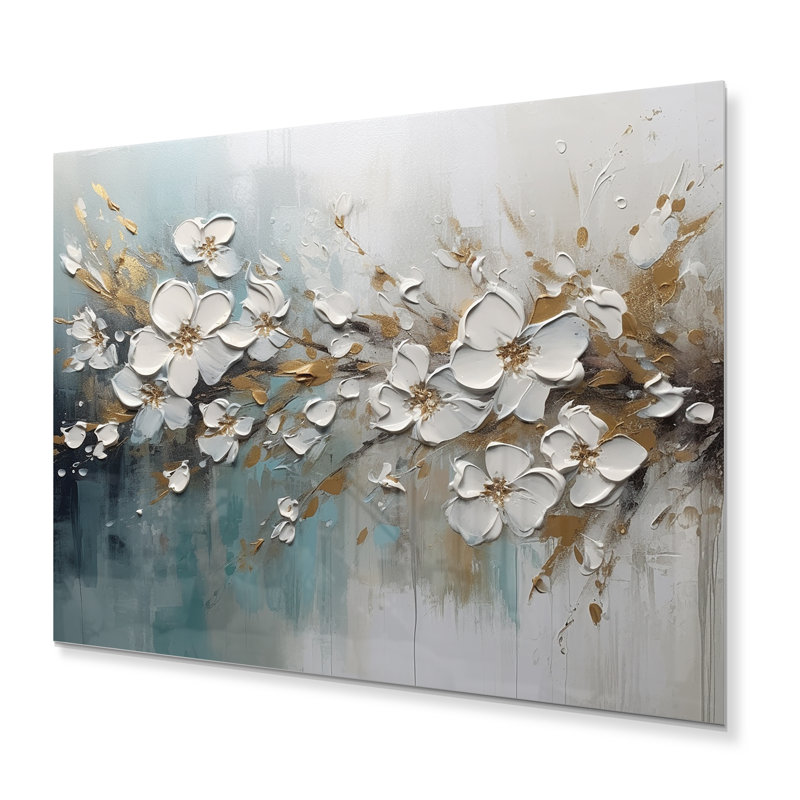 Marguerite blanche et dorée symphonie IV sur métal, H 12 po x l 20 po x P 1 po