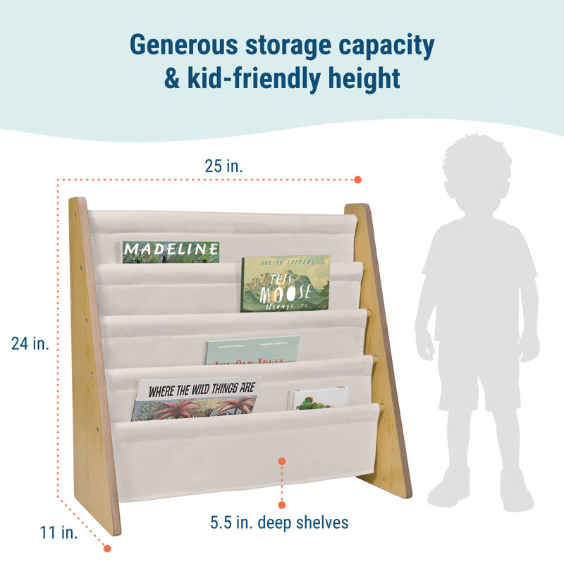 Wildkin Wooden Sling Bookshelf for Kids – Premium Canvas Design with 4 Fabric Shelves, Organizer for Home or Classroom - Natural w/ Tan