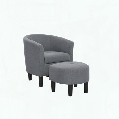 Fauteuil demi-tonneau et repose-pieds - Polyester - Pieds en plastique noir