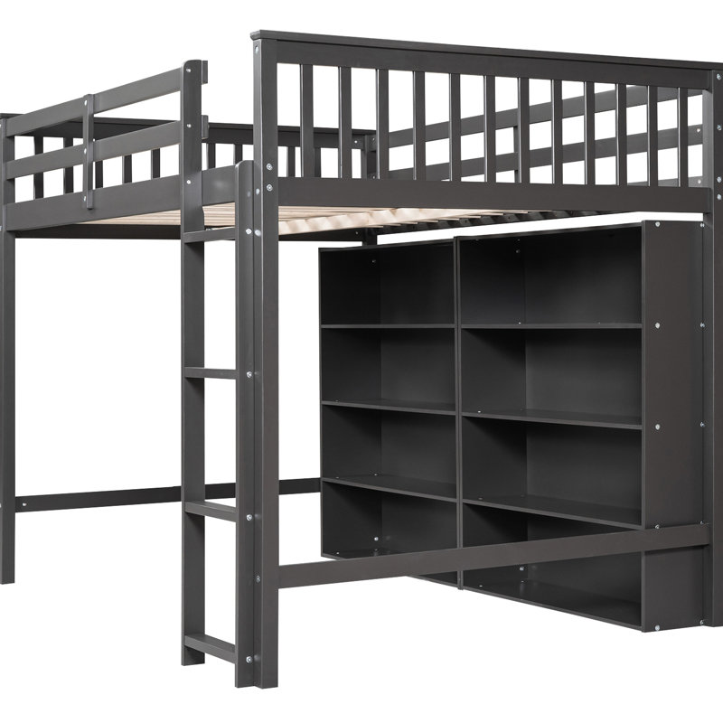 Lit mezzanine double avec 8 tablettes de rangement ouvertes et lit simple encastré gris pour les adolescents, lit de construction solide, tablette incluse, bureaux, construction