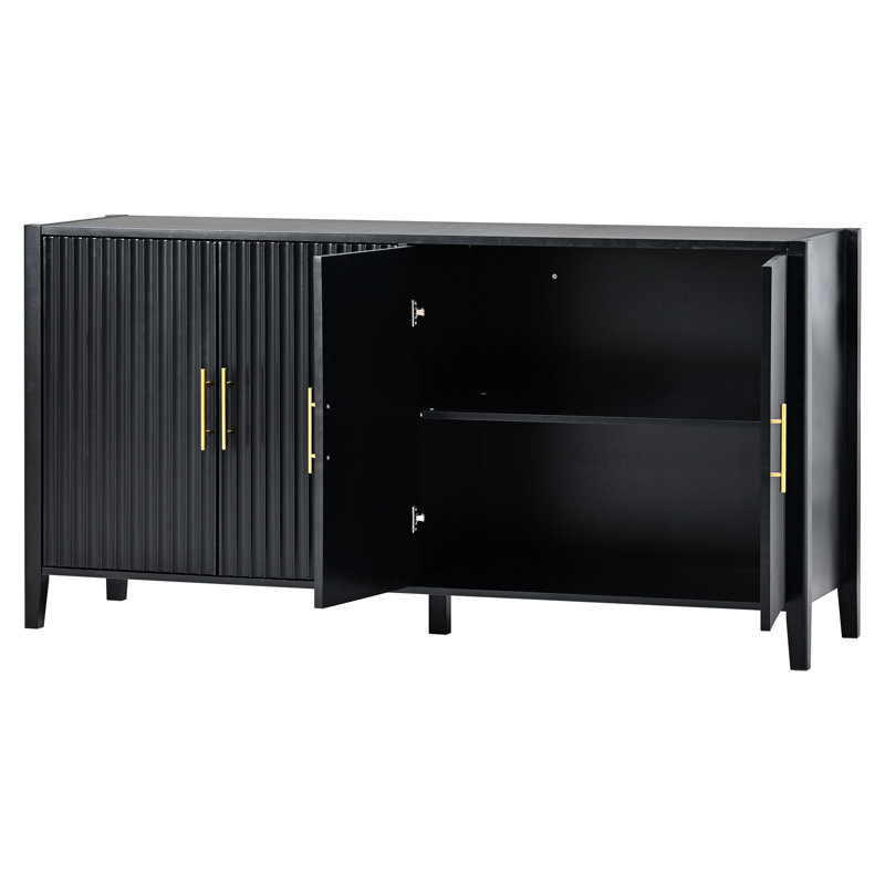 Armoire de rangement Carrera avec motif ondulé, poignées en métal, pour la chambre à coucher, bois massif noir et surface en U