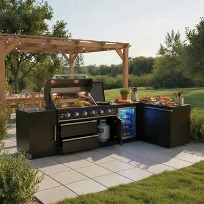  Ensemble d'îlot de cuisine extérieur modulaire à 6 brûleurs, réfrigérateur et roues Akoah