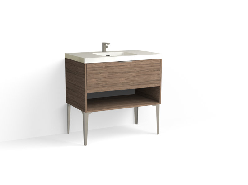 Modo 36" W Freestanding Single Bathroom Vanity with Dean Leg, Glossy White/Single, Biondo, Satin Nickel