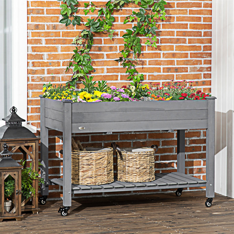 Raised Garden Bed Elevated Wooden Planter Box With Lockable Wheels, Gray