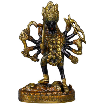 6" Goddess Kali Brass Sculpture - Handcrafted Indian Dashabhuja Protective Deity Statue for Home Temple, Meditation & Spiritual Protection Decor