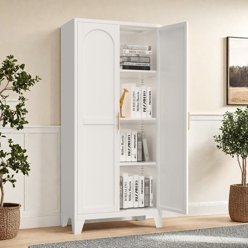 Armoire de rangement 61 po en métal blanc avec 2 portes galbées et tablettes réglables