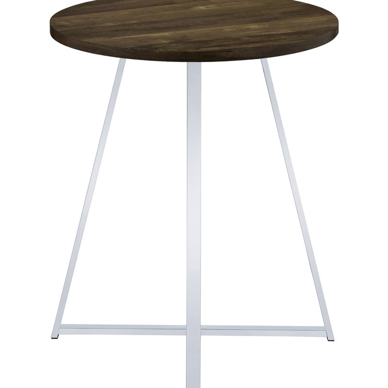 Table bistro ronde de 35 po de hauteur pub avec finition chêne brun, pieds de finition et base géométrique évasée, idéale pour 2 personnes