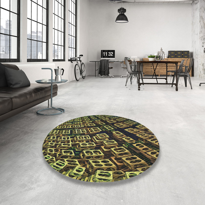 Tapis vert/brun à motifs, Rond 3 pi