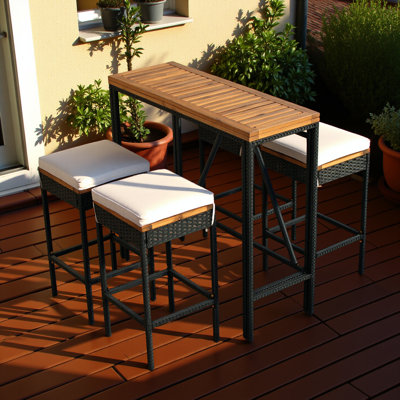 Table de bar 5 pièces à hauteur de bar en bois d'acacia et quatre tabourets avec coussins, table de salle à manger en osier de rotin de jardin, plateau de table pliable, ensemble bistro pour repas, meubles de patio toutes saisons, brun