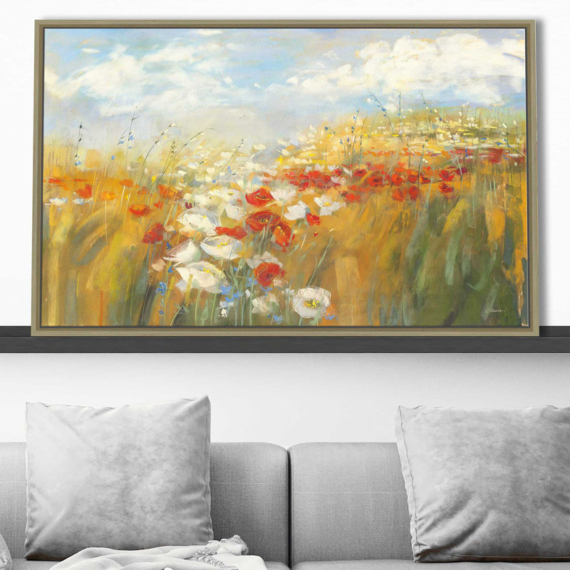 Coquelicots et larkspour - Peinture, Cadre flottant champagne, H 27,5 po x l 43,5 po x P 2 po