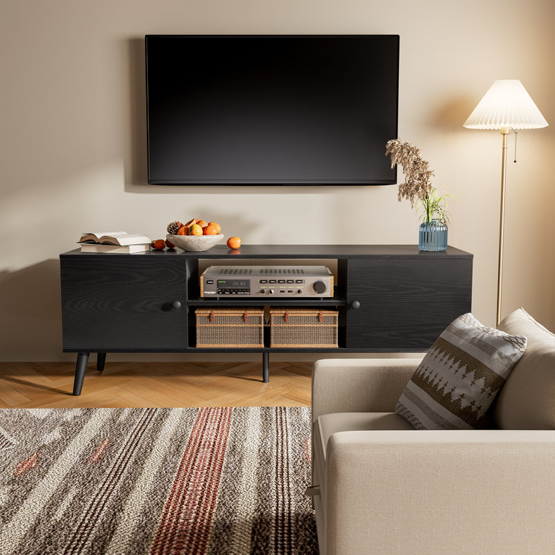 Josebe 65" TV Stand Media Console with Cabinets Adjustable Shelves, Black