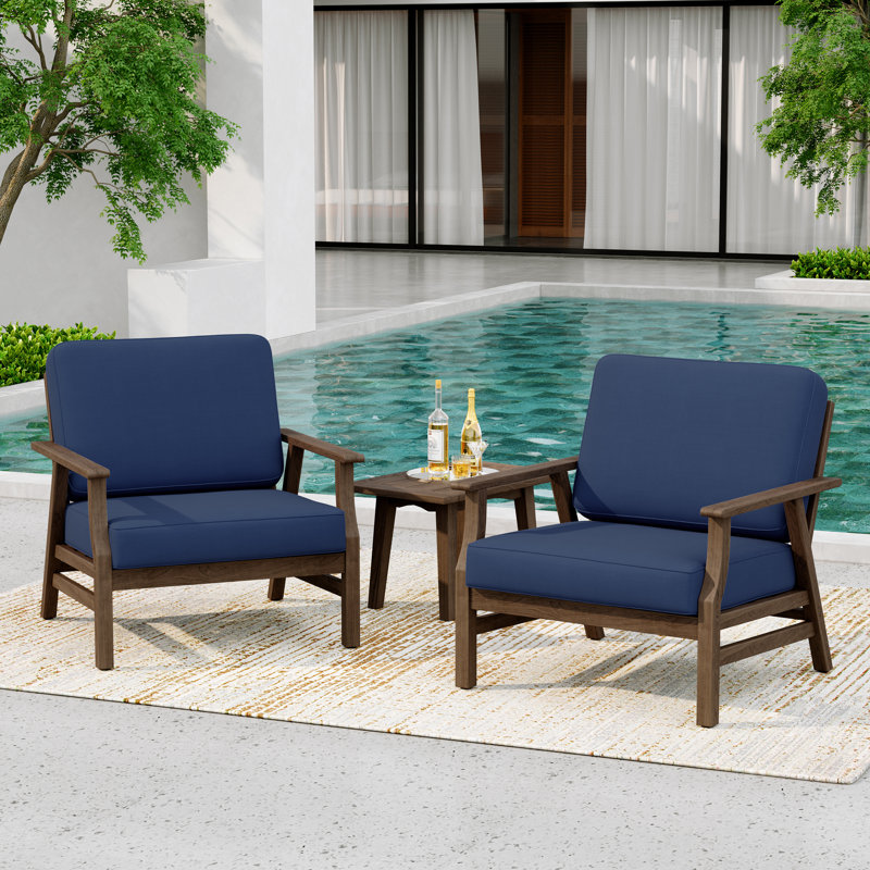 Shweta Solid Wood Outdoor Three Pieces Chair Conversation Seating Group With Cushions And Side Table, Brown, Navy