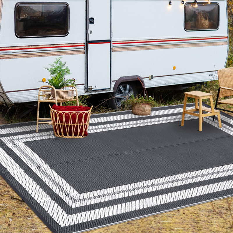 10x14ft Reversible Waterproof Outdoor Rug - Collapsible Plastic Straw Mat for Patio, RV, Camping, Deck, Porch, Balcony, Picnic - Lightweight, Easy Clean - Grey/White, USA