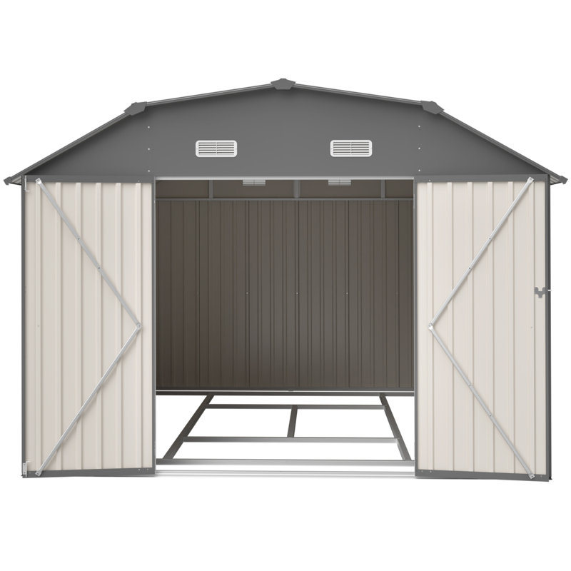 10X12 FT Gray Outdoor Storage Shed, Heavy Duty Rust-Resistant Steel Tool Shed With Floor Frame Kit, Gray