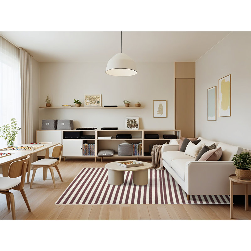 Tapis beige à rayures horizontales lavable à la machine, Rectangle 7 pi x 9 pi