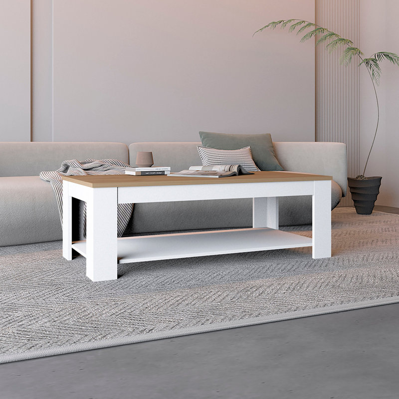 Cecil Coffee Table With Open Storage Shelf For Decor, Modern Design For Living Room Or Lounge Area, White