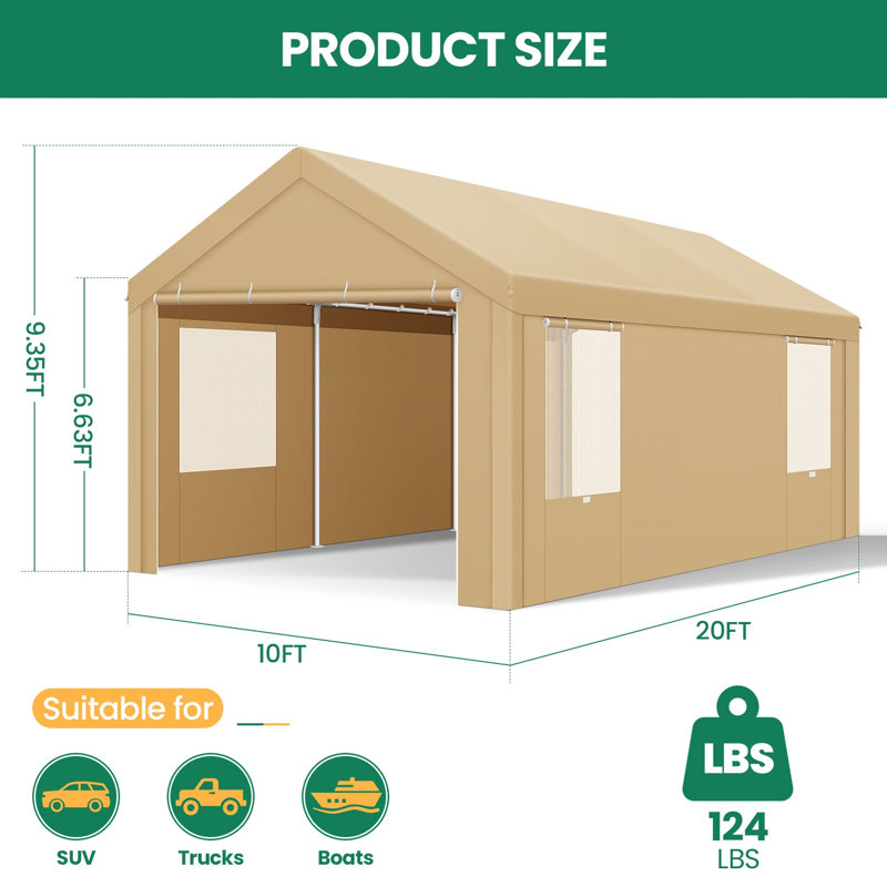 10x20 FT Heavy Duty Portable Garage 2.0, Upgrade Waterproof Canopy with 4 Roll-up, Khaki