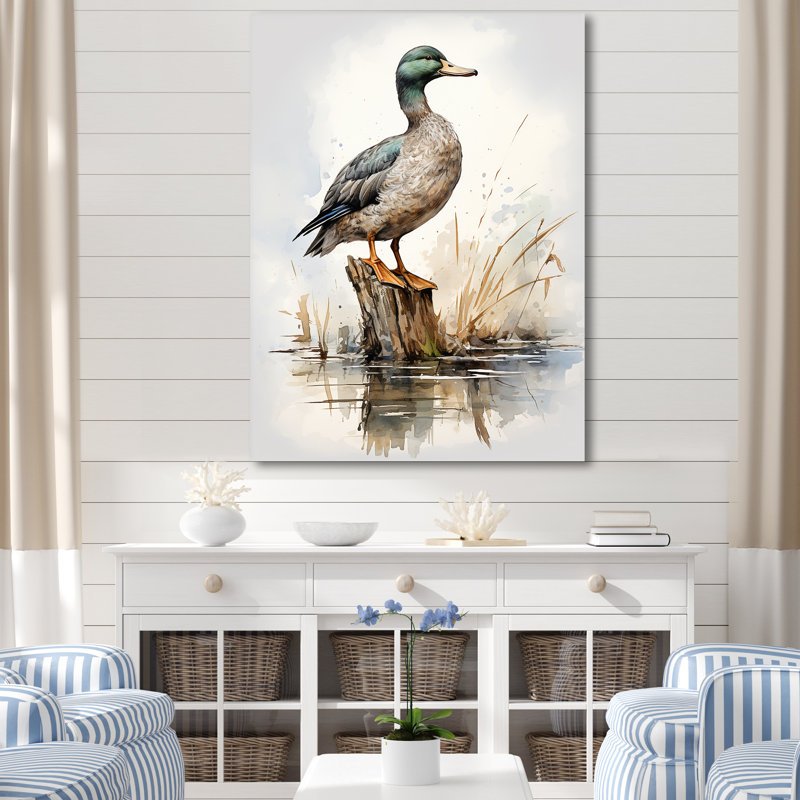 Canard colvert minimaliste à l'étang II - canard, art mural encadré, H 44 po x l 34 po x P 1,5 po, Toile tendue