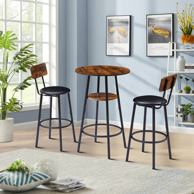 Tynica Rustic bar set with round bar table and shelf, pedestal, back bar stools suitable for lounge, kitchen