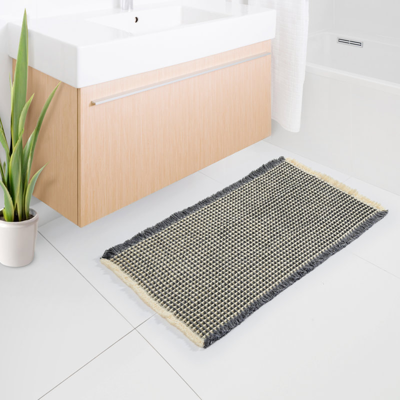 Upgraded Waffle Super Absorbent Non Slip Bath Rugs with Tassels for Bathroom Floor, 18"W x 30"L, Yellow/Gray