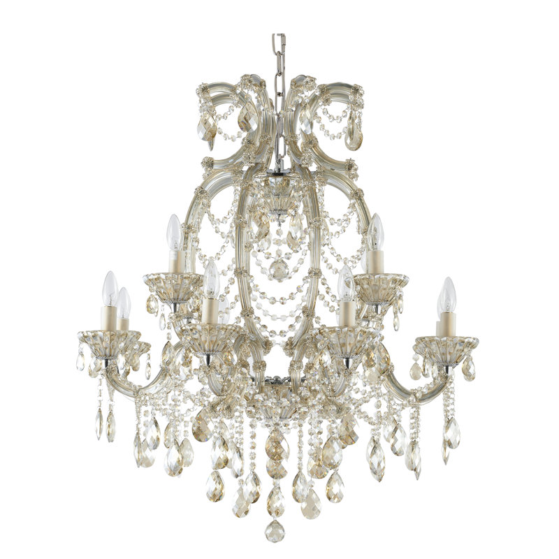 Lustre en chrome 12 lumières avec cristaux Lloyd, Teck doré