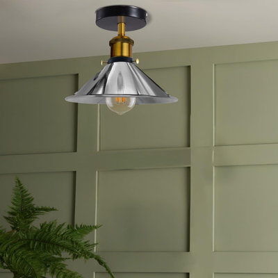 Industrial Farmhouse Flush Mount Light E26 Lampholder Metal Ceiling Lighting 22cm Cone Lampshade for Livingroom Kitchen Farmhouse Hallway with Bulb