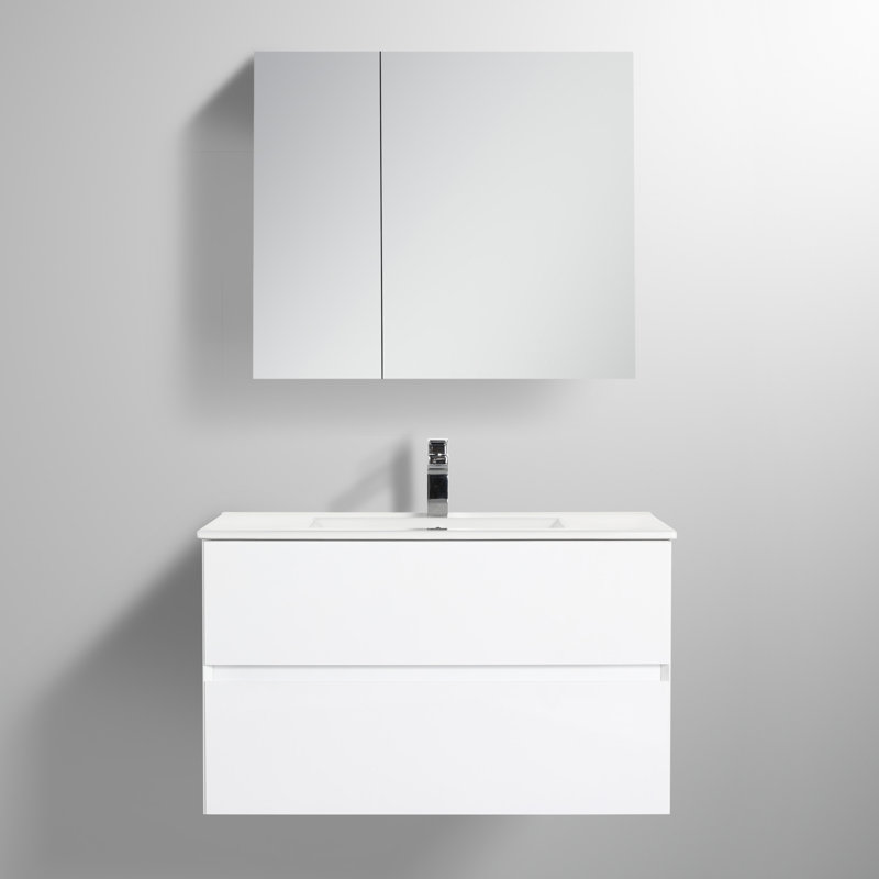 Meuble-lavabo flottant 36 po avec lavabo mural Annedoris, Blanc, Blanc