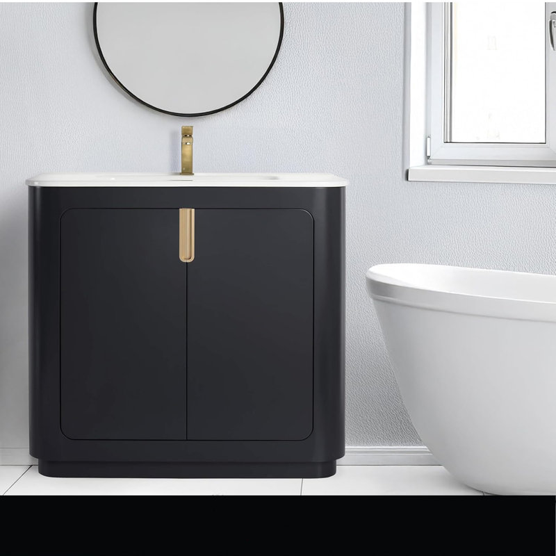 Atticus 36 Inch Bathroom Vanity with Sink, Black/Satin Brass