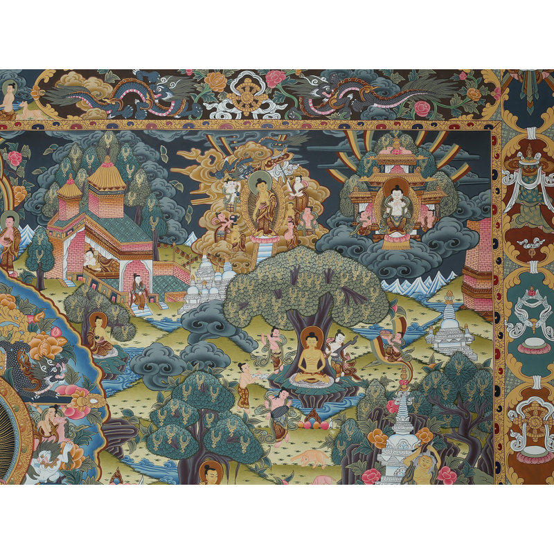 Histoire de vie du Bouddha (Thangka sans brocart) | Or pur 24 carats avec peinture acrylique