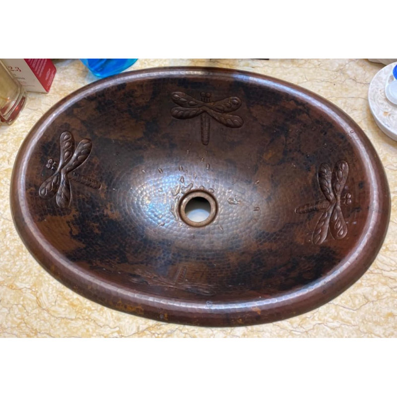 19" Oval Copper Bathroom Sink with Dragonfly Design