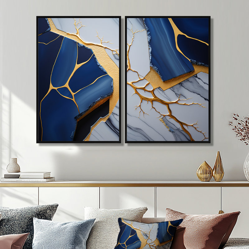 Géode abstraite bleue I - décoration murale surdimensionnée en marbre abstrait, Noir, H 36 po x l 48 po
