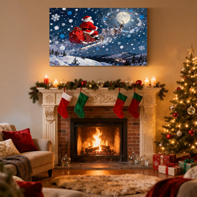 Christmas Santa Flying Sleigh Moon Snowflakes Night Landscape Set of 3 Canvas Wall Art Prints