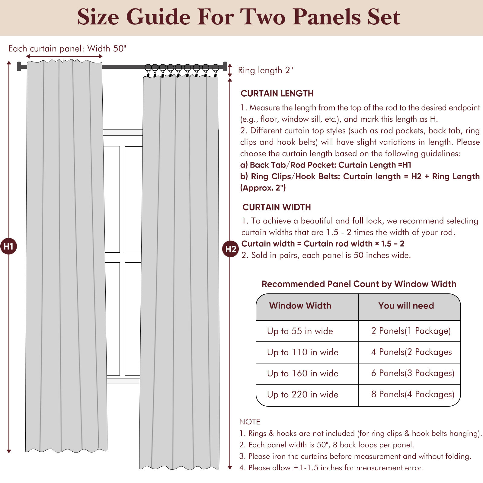 Graciella Faux Linen Blackout Curtain Set, 50" W x 63" L, Beige