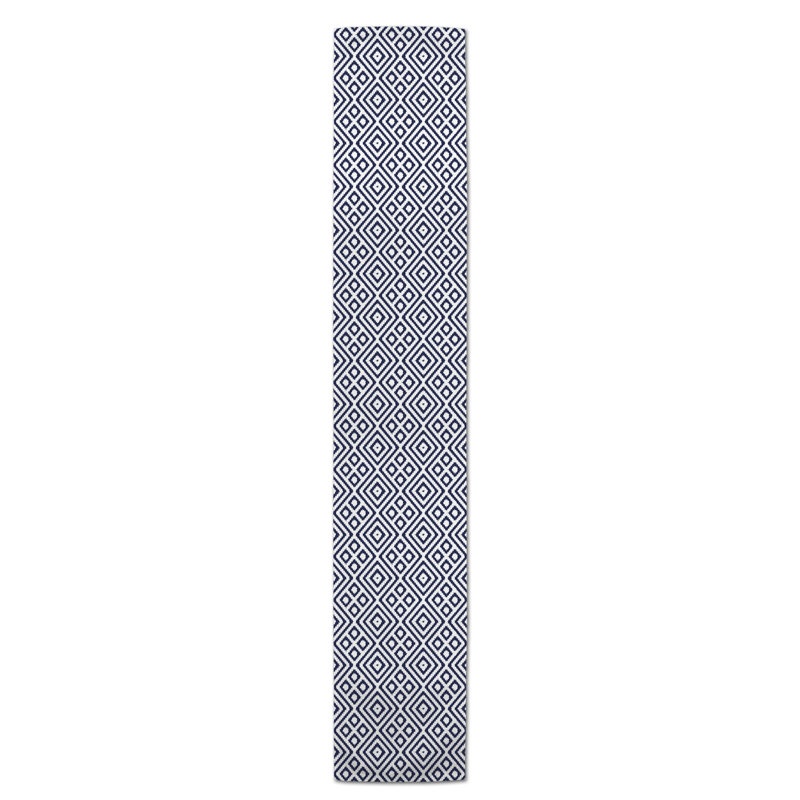 Chemin de table en losanges pointillé Nalston, 16" D x 90" L, Ikat, Bleu marine