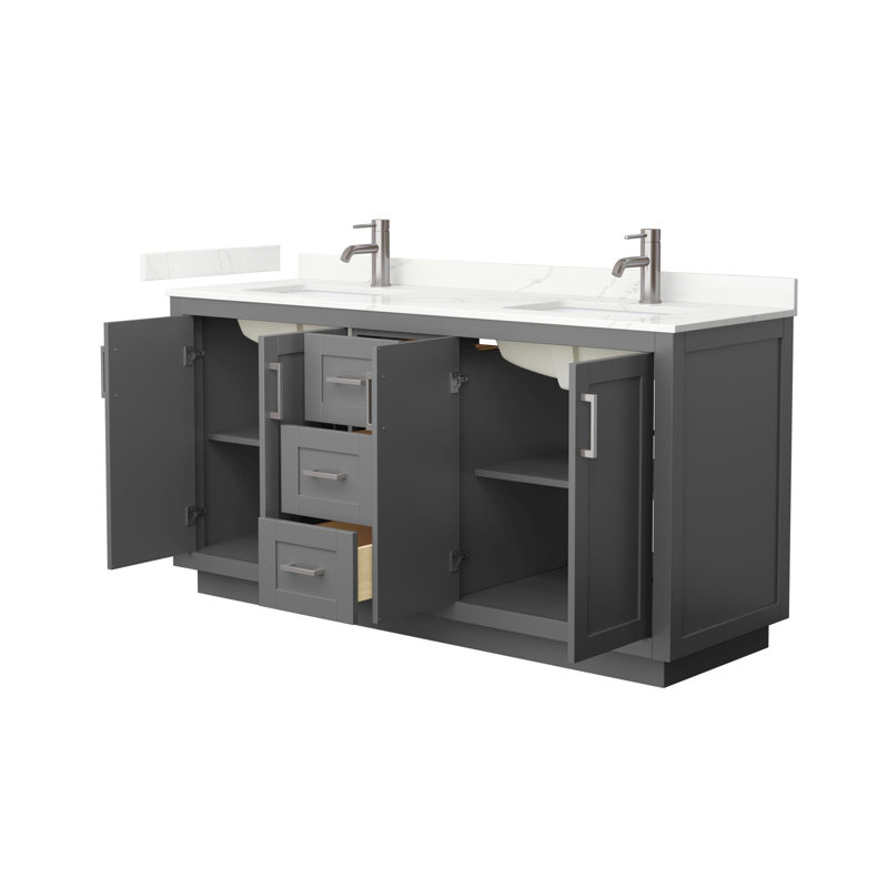 Meuble-lavabo double autoportant de 66 po avec plateau en quartz Miranda, Giotto Quartz, Gris foncé, Nickel brossé