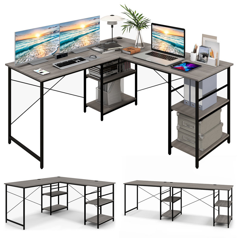 Assetou L-Shaped Metal Base Computer Desk, Grey/Black