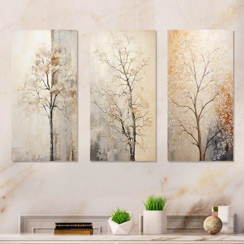 Beige Trees Oak Solitude - Tree Oak Metal Prints Set Of 3, 32" H x 48" W