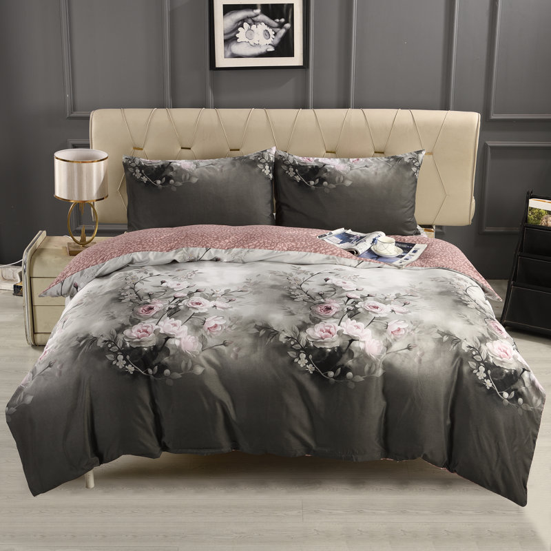 Complete Bedding Set Bliss Grey Floral Duvet Cover, Matching Fitted Sheet & Pillowcases