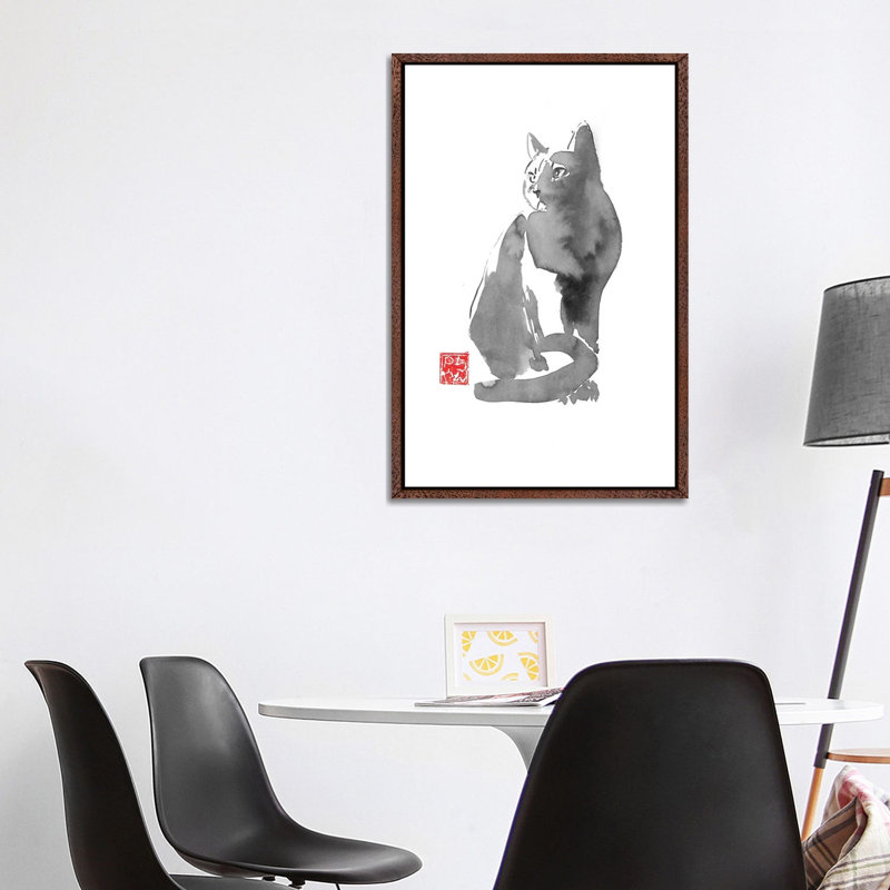 Grey Cat by Péchane - Painting on Canvas, 101.6 cm H x 66.04 cm W, Classic Brown Wood Framed