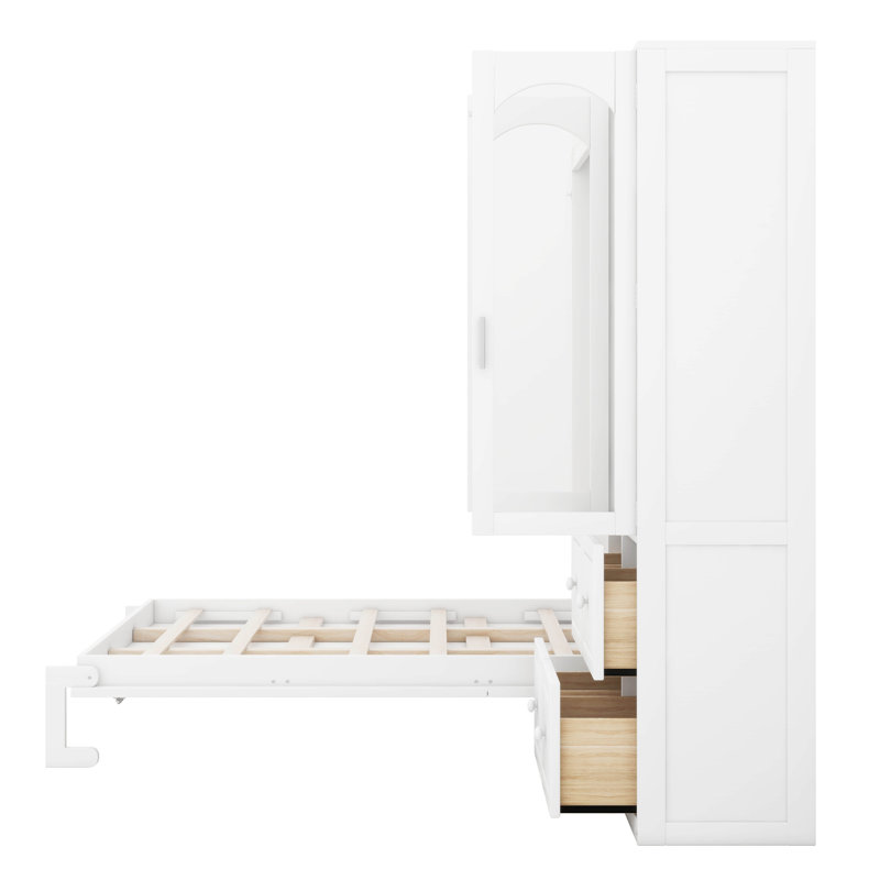 Queen Size Murphy Bed with Reversible Left-Right Side Cabinet, Acrylic Doors, White