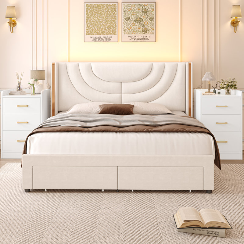 Ensemble de chambre à coucher moderne 3 pièces avec lit de rangement à DEL et tables de chevet, Très grand