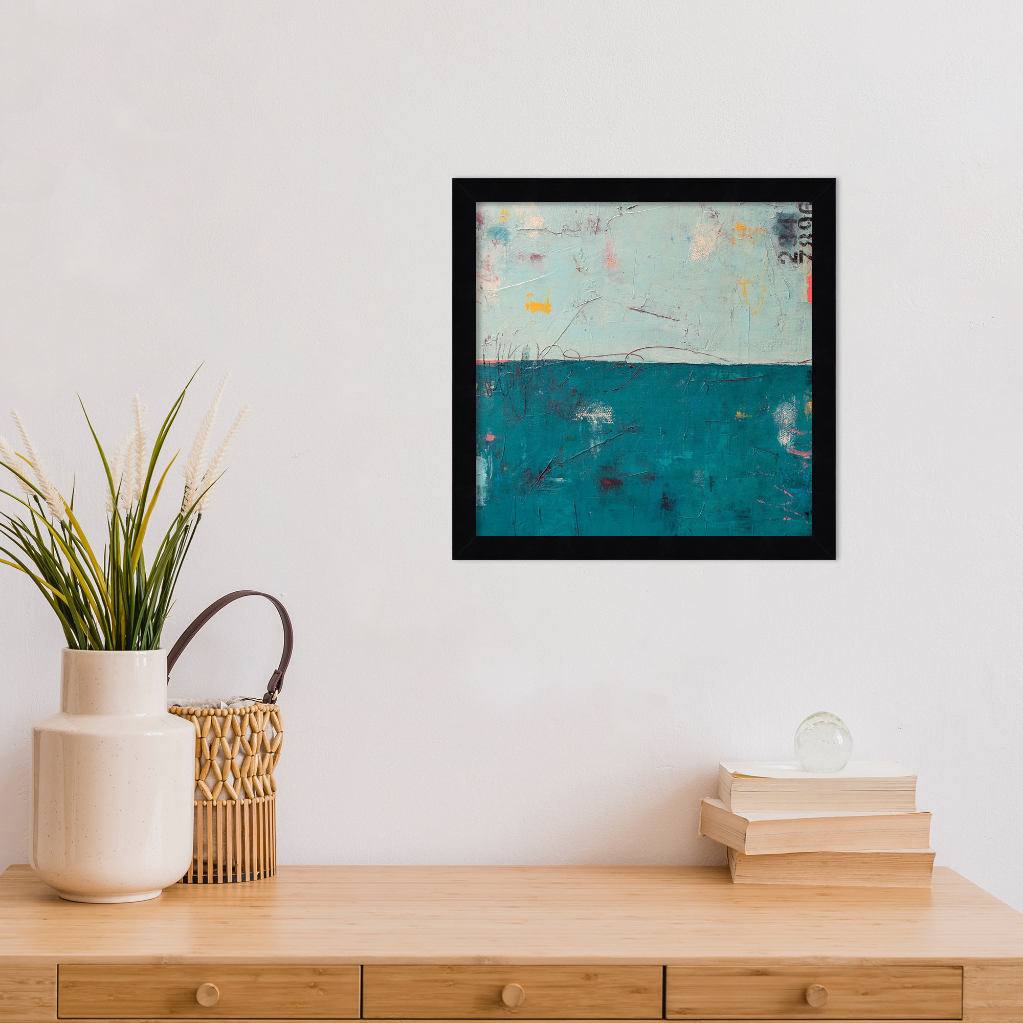 Blue Bay Hideaway by Mauro Wood Framed Wall Art Print, 13" H x 13" W, Black