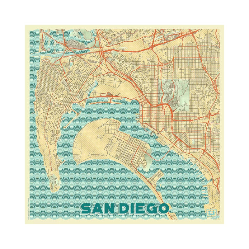 San Diego Retro Urban Blueprint Map by Hubert Roguski - Wrapped Canvas Print, 45.72 cm H x 45.72 cm W x 3.175 cm D