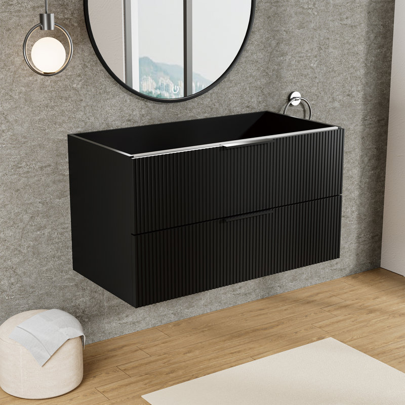 Meuble-lavabo suspendu Halrik à panneaux cannelés avec tiroirs compartimentés à fermeture en douceur, Noir, 36"