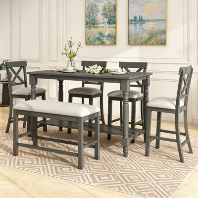 6-Piece Counter Height Dining Set With Storage Shelf, 4 Chairs & Bench For Dining Room (Grey)