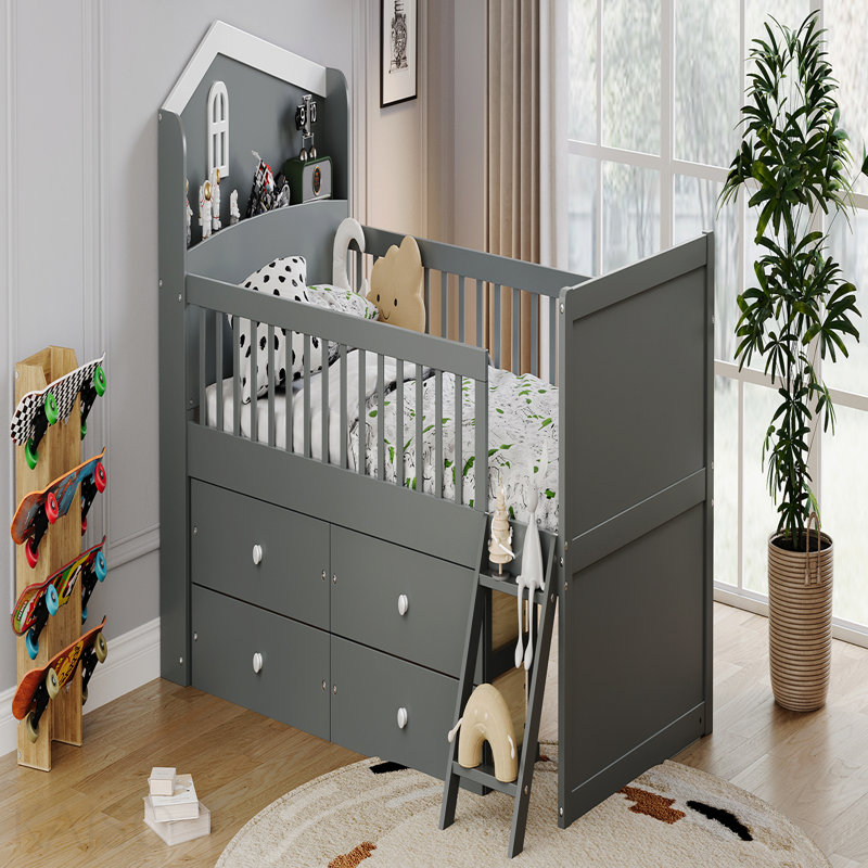 Cadre de lit simple avec fonction de rangement 4 tiroirs, cadre de lit en bois pour chambre d'enfant, cadre de lit plateforme simple avec garde-corps avec tête de lit et échelle
