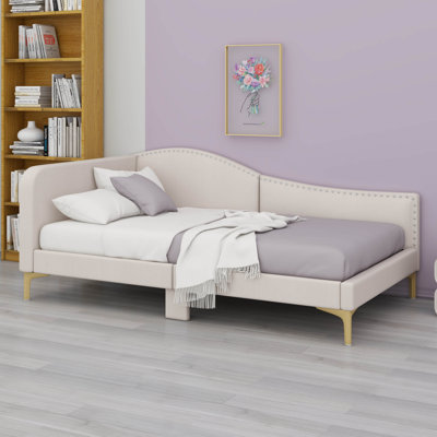 Twin Size Upholstered Daybed Bed Frame For Kids Toddler With Headboard And Armrest, Support Legs
