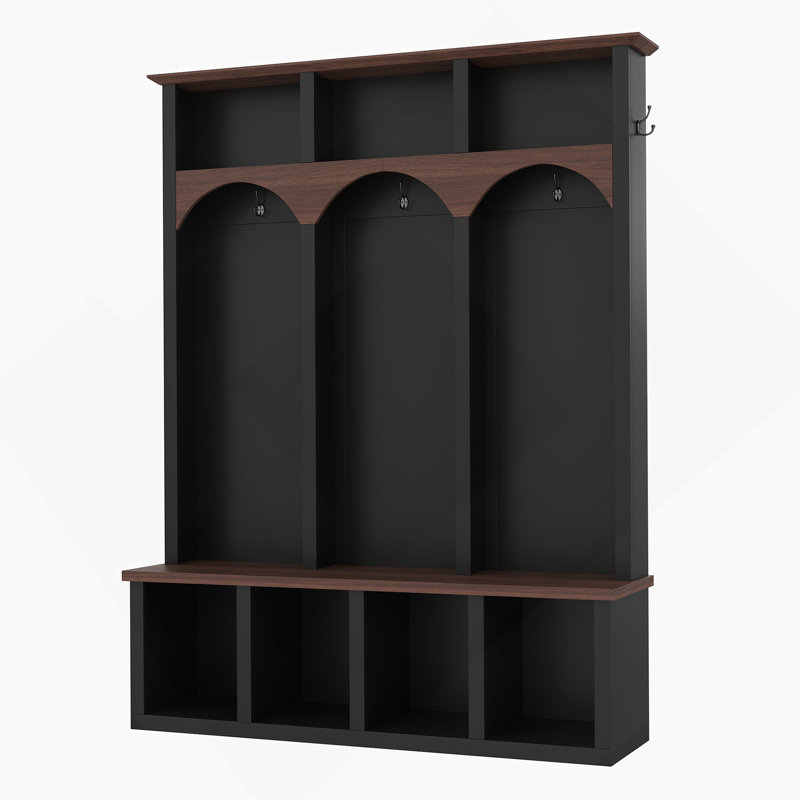 Wooden Hall Tree, Entryway Storage Bench With 5 Hooks And 7 Cubbies For Mudroom, Living Room, Black