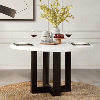 Round Marble Dining Table With X-Cross Base In White And Espresso