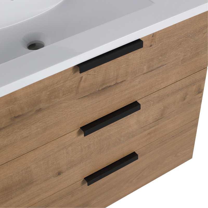 Meuble-lavabo mural de 30 po avec lavabo mural, imitation chêne imitation, 3 tiroirs, poignée, fermeture en douceur, tablette latérale réglable pour plateau supérieur, agencement de couleurs, lavabo en résine,